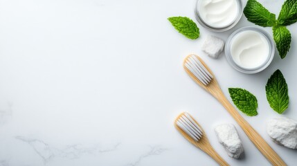 Promoting healthy teeth and gums with essential dental care tools and fresh mint on a clean white background, ideal for branding