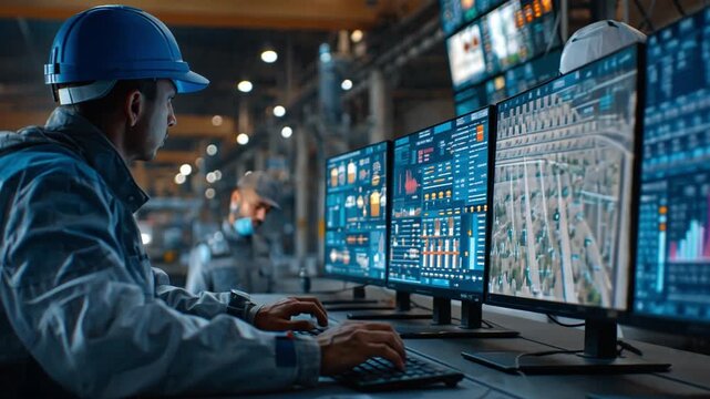 ai environmental monitor displaying carbon metrics as workers optimize factory efficiency, cinematic industrial glow.