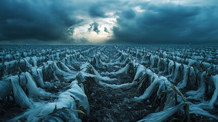 Fototapeta premium A field of plastic-wrapped crops under a darkening sky, showcasing the impact of unsustainable farming practices