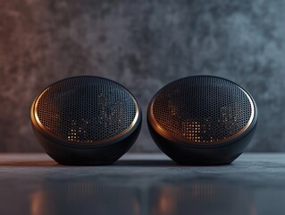 Two rounded speakers, black with golden accents, on a concrete surface