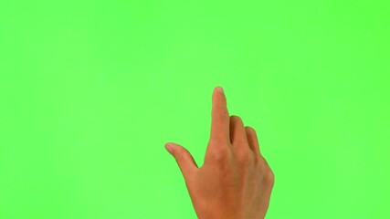 A hand performs various touch screen gestures, including tapping, swiping, and pinching, against a green screen. This chroma key footage is ideal for simulating interaction. - Powered by Adobe