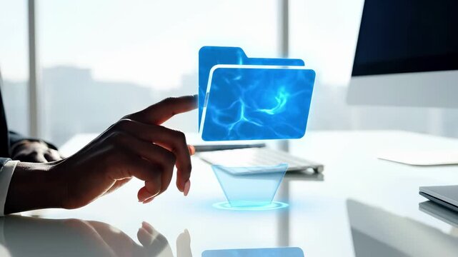 Hand interacts with holographic blue folder above desk workspace. Digital file management, cloud storage system, virtual data organization, document archive technology, and modern business information
