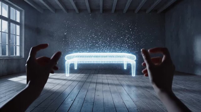 Holographic projection in industrial loft interior with hands reaching toward virtual furniture model. Digital design visualization, augmented reality planning, modeling, and futuristic home decor