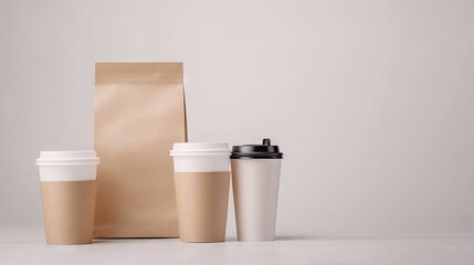 Eco-friendly paper tableware and kraft bags designed for sustainable fast food with space for branding