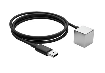 Fototapeta premium A black usb-c cable meticulously coiled into an elegant loop with a silver connector, beside a polished chrome cube on a transparent background, professional product photography concept