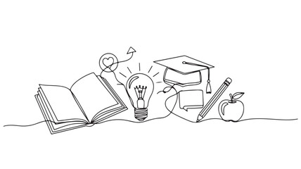 Creative ideas blossom from knowledge with a lightbulb, book, and graduation cap