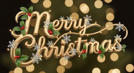 Golden Merry Christmas Greeting with Snowflakes and Holly Berries, Festive Background with Bokeh Lights