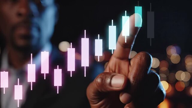 Businessman hand gesture with holographic candlestick chart overlay and bokeh lights. Market trading, forex analysis, financial investment strategy, cryptocurrency exchange, technical indicators