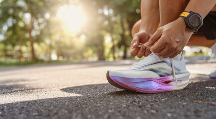 Man tying shoelaces before morning run in park