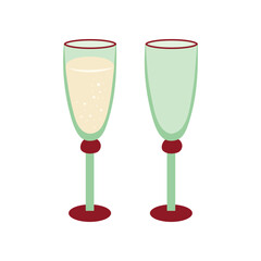 Champagne glasses vector illustration. Tall flute glasses, empty and filled with sparkling wine isolated on white background. Elegant drinkware for Christmas, New Year party in flat style