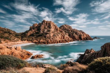 Fototapeta premium Dramatic Coastline of Sardinia Italy at Cala Rossa Beach Long Exposure with Turquoise Water and Red Rocks Under a Cloudy Sky