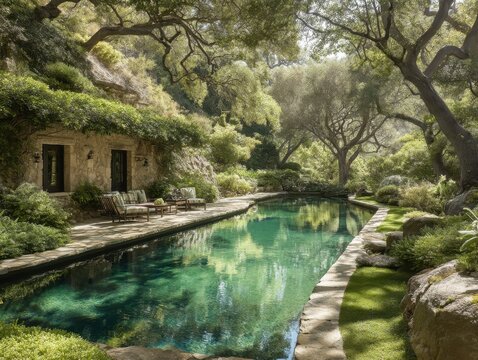 Serene swimming pool reflecting trees and sky in a lush garden setting at daytime, eye-level view in Montecito, California