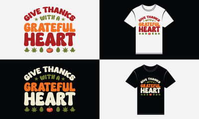 Thanksgiving T-shirt design bundle with "Give Thanks With a Grateful Heart" typography and autumn graphics.