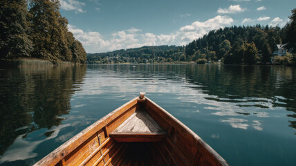 Obraz premium Wooden boat sailing on calm lake surrounded by forest and hills under clear sky 