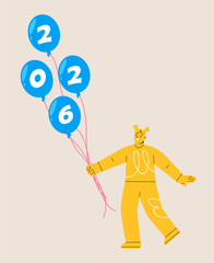 Woman holding a balloon with the number 2526 inside. New Year 2026 concept. Colorful vector illustration