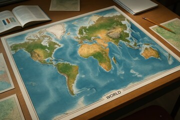World map laid on desk with open book and pencil, travel planning or education setup