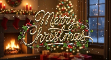 Festive Christmas Greeting Card Featuring a Cozy Fireplace, Decorated Tree, and Sparkling Lights, Perfect for Holiday Season Wishes