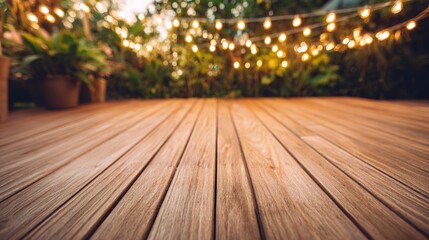 stringlights. Wooden deck illuminated by warm string lights at dusk, exuding cozy outdoor ambiance. lifestyle magazines.
