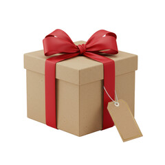 Naklejka premium Pristine brown gift box with red satin bow, gold foil tag on seamless transparent background, no shadows, sharp focus, diffused studio lighting. Concept of elegant thoughtful gifting