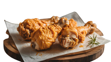 Crispy fried chicken legs on a wooden board with rosemary ready to be served hot on transparent background