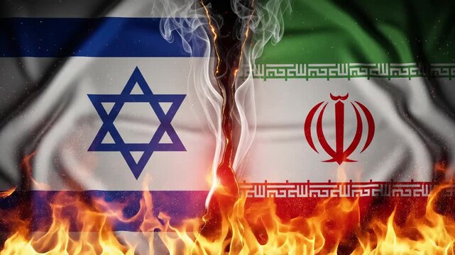 Israel And Iran Flags Divided By Burning Crack And Fire Bottom Symbolizing Political Tension And Regional Conflict HD 2K
