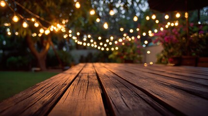 stringlights. Wooden deck illuminated by warm string lights at dusk, exuding cozy outdoor ambiance. lifestyle magazines.