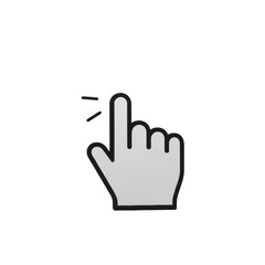 A transparent hand cursor icon with a black outline and extended index finger clicking, radiating lines and glowing pixel, isolated on a transparent background. Digital interaction concept