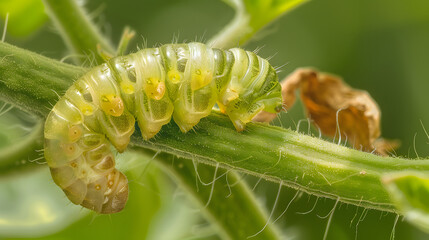 Naklejka premium Green caterpillar on plant stem
