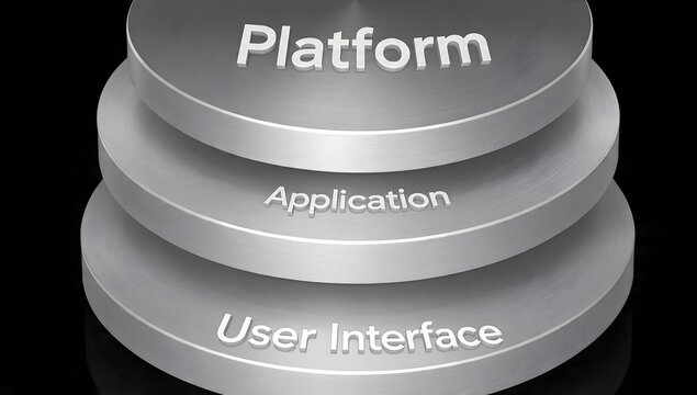 Abstract 3D stack of software architecture layers: Platform, Application, and User Interface representing a modern tech workflow