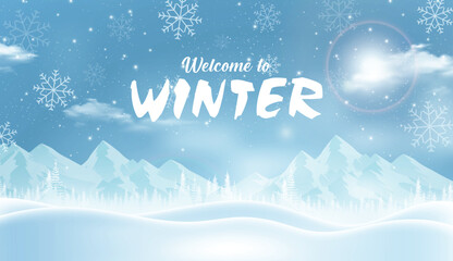 Welcome to Winter Snowy Landscape with Mountains and Pine Trees