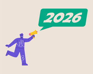 Man announce new 2026 through loudspeaker. New Year 2026 concept. Colorful vector illustration