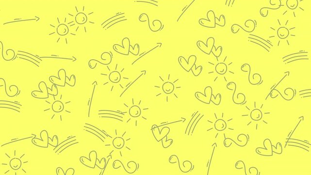 Simple sketches of hearts, suns, rainbows, and arrows in light yellow perfect for kids designs, fun projects, or stationery.