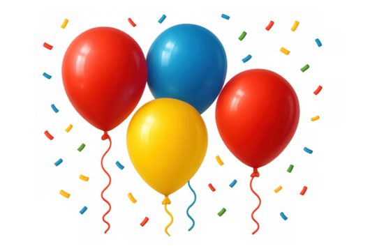Colorful balloons and falling confetti for a party, celebration, birthday, or festive event on transparent background