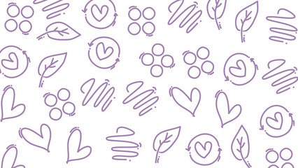 Hand-drawn purple doodles of hearts, circles, and leaves on white background, seamless pattern, graphic design, flat lay view, creative concept