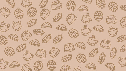 Seamless Pattern of Hand-Drawn Pastries and Desserts on Brown Background, Food Illustration, Graphic Design, Flat Lay View, Culinary Concept