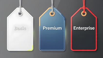 Scene of three pricing tags labeled Basic, Premium, and Enterprise representing tiered service levels for business solutions.