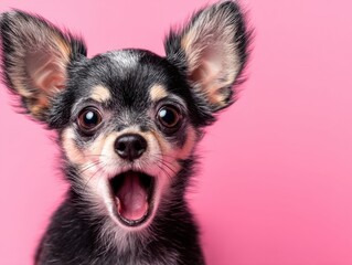 Surprised Chihuahua Puppy Close Up Headshot on Pink Background with Open Mouth and Wide Eyes Studio Shot of Small Dog