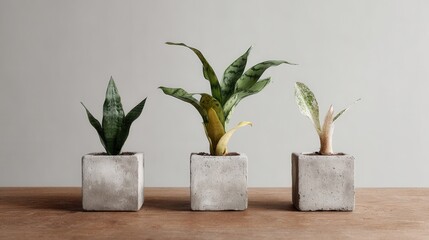 Three potted snake plants in concrete planters on wood surface against gray background studio shot minimalist aesthetic