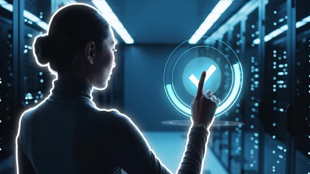 Professional woman interacting with glowing holographic verification interface in modern datacenter environment. Futuristic digital confirmation system with illuminated checkmark symbol represents