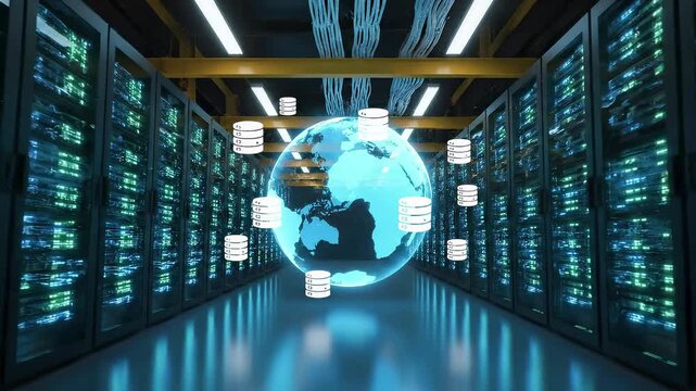 Holographic globe with database icons surrounded by server racks in datacenter corridor. Global cloud computing infrastructure, distributed data storage network, worldwide information technology