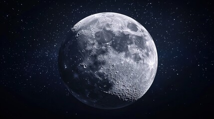 phase. A detailed closeup of the full moon, showcasing its textured surface against the dark expanse of space. STEM education sheets.