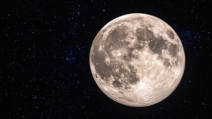 phase. A detailed closeup of the full moon, showcasing its textured surface against the dark expanse of space. STEM education sheets.