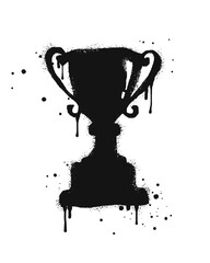 Spray painted graffiti champions cup trophy sign in black over white. trophy cup silhouette drip symbol. isolated on white background