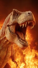 Obraz premium Tyrannosaurus Rex Roaring with Open Mouth in Fiery Landscape Low Angle Close Up Prehistoric Predator Dangerous Animal