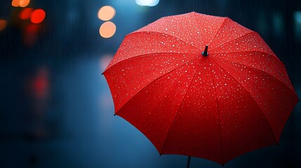 Red umbrella stands out in a rainy urban street at night, reflecting city lights