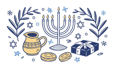 Hanukkah Celebration Icons and Badge — Clean Flat Design Vector Graphics Pack illustration, easily editable.