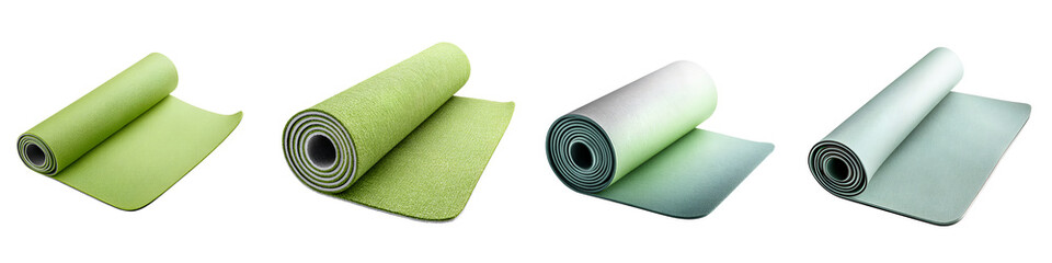 Obraz premium Rolled Yoga Mats: Fitness and Wellness Equipment on White Background