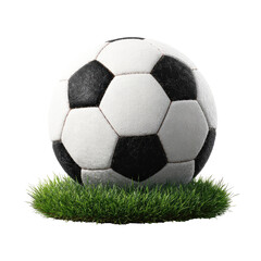 Black and white patterned soccer ball rests atop bright green grass, on a transparent background