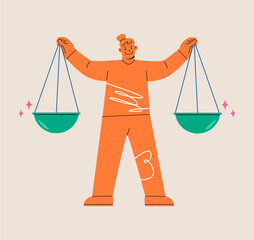 Balance and justice concept. Woman lift balance ethical scale. Colorful vector illustration