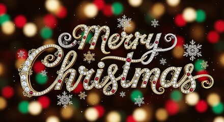 Celebrate the joy of the festive season with a sparkling Merry Christmas greeting adorned with glistening jewels and snowflakes, set against a bokeh background